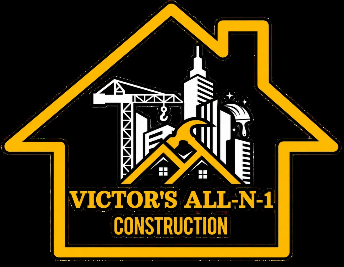Victor's All-N-1 Construction logo featuring a yellow house outline with construction equipment and urban skyline icons